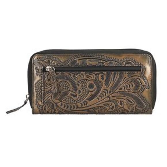 NWT Brown Handcrafted  Embossed Leather RFID Women's Zip Around Wallet - Picture 3 of 5